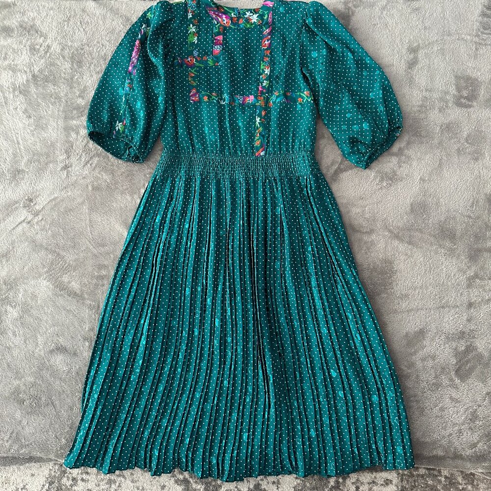 Vintage Susan Freis Green Polka Dot Pleated Dress Women's MEDIUM 80s
